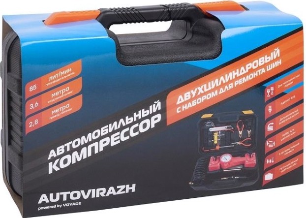 Компрессор автомобильный Autovirazh AV-010890 двухцилиндровый 85 л/мин в кейсе Компрессор автомобильный Autovirazh AV-010890 двухцилиндровый 85 л/мин в кейсе