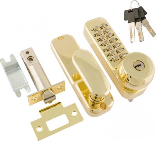 Замок накладной кодовый НОРА-М 370 с блокир. автозапир. и цилиндром "Золото" [7334]